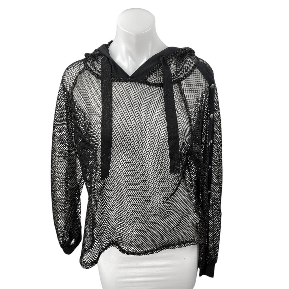 Love J Women's Black Fish Net Snap Button Long Sleeve Sheer Hoodie Cover Up Sz L